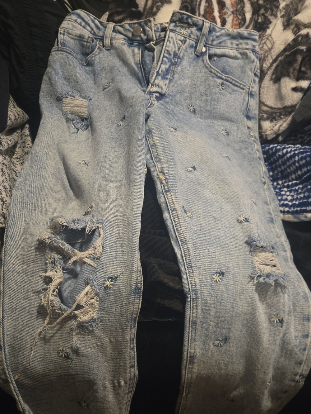Material Girl Light Blue Distressed Embroidered Boyfriend Jeans